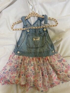 OshKosh B'gosh Light Blue Denim Overall Dress with Pink Floral Skirt